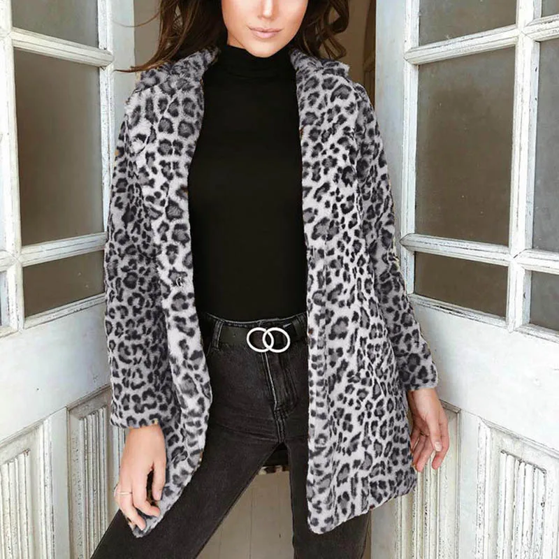 Winter Women Leopard Printed Cardigan Coat Ladies Long Sleeve Parka Outwear 2019