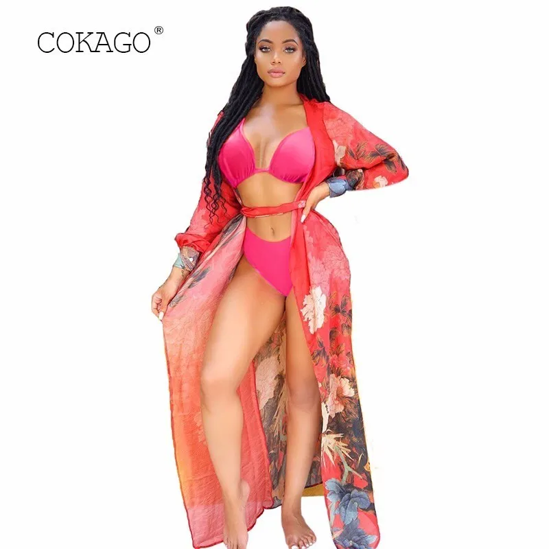 COKAGO Pink Sexy String Bikini Set+Beach Cover Up Women Floral Belt Long Dress Summer Plus Size 3pc Swimsuit Suit Mujer 2019 |
