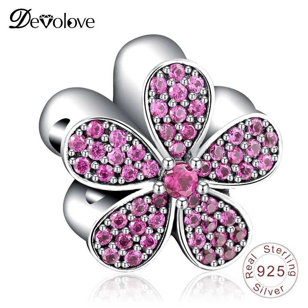 

Devolove Dazzling Daisy Red CZ Charms Flower Beads fit Pandora Bracelets 925 Sterling Silver Jewelry Dropshipping