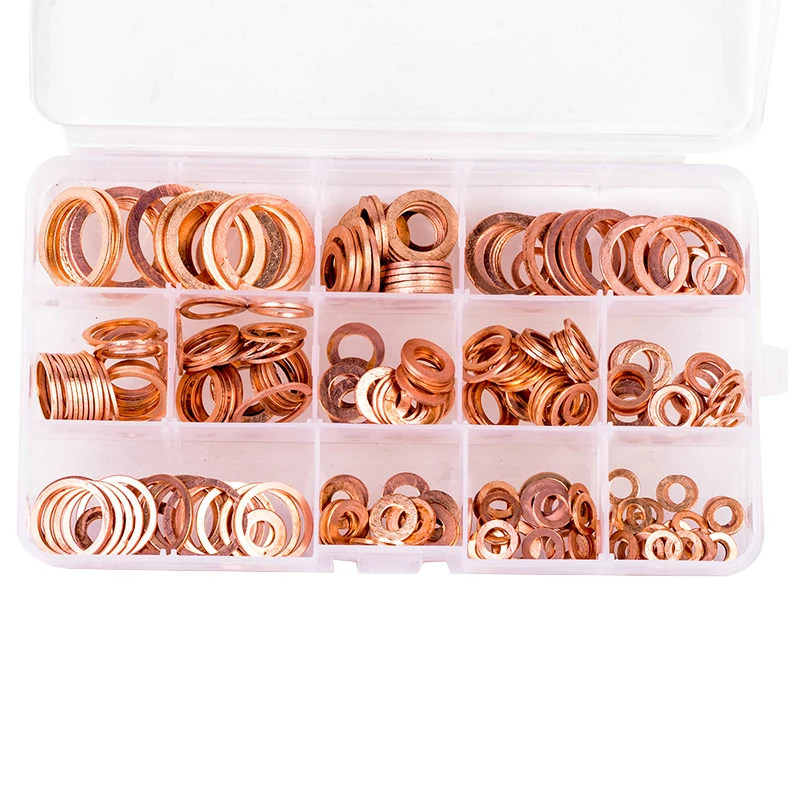 

New 300Pcs 12 Sizes Copper Washers Sump Plug Seal Bolt Gasket Assortment Kit with Box