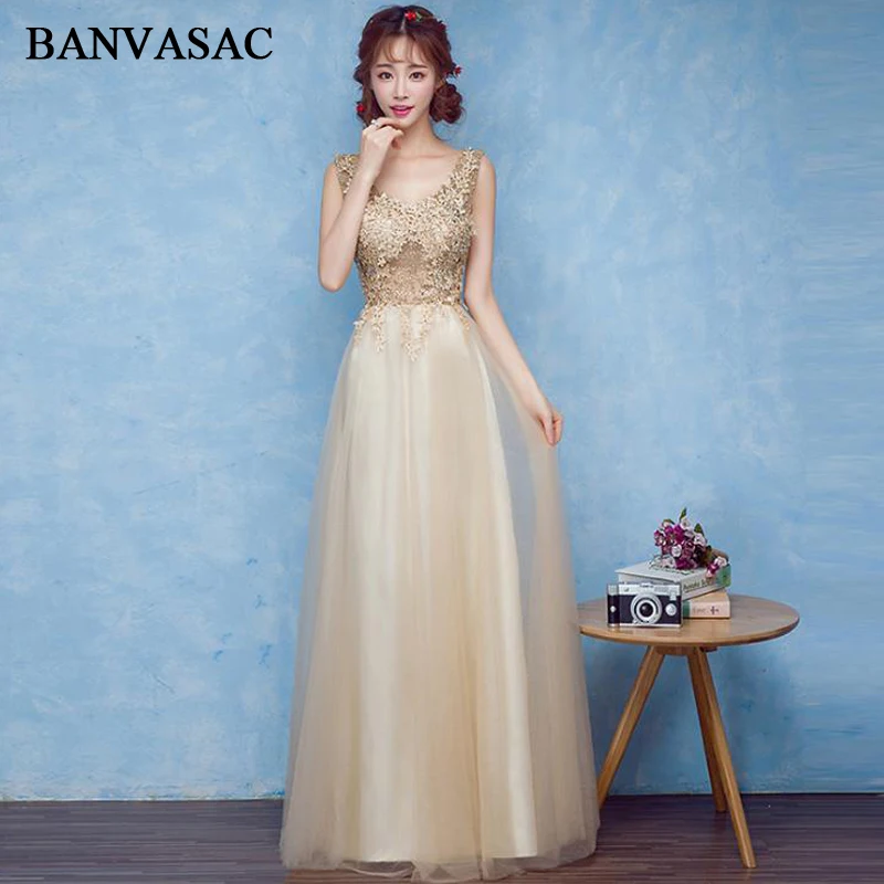 

BANVASAC Sexy Crystal Deep V Neck Lace Appliques A Line Long Evening Dresses Party Sequined Illusion Backless Prom Gowns