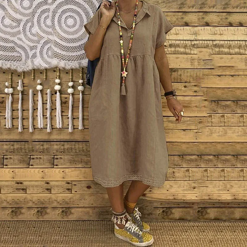 

Women dress Quality Lapel Short Sleeve Splice Lace hem Large Size solid color summer casual ladies Mid-Calf Dress vestido