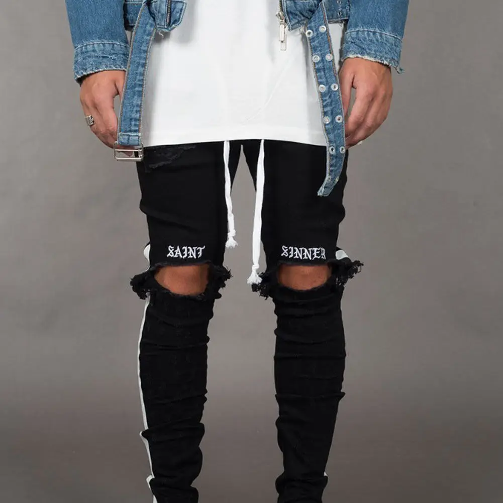 

Trendy Men's Ripped Jeans Knee Holes Skinny Slim Fit Denim Pants Destroyed Frayed Trousers Fashion Design Side Stripe Black Jean