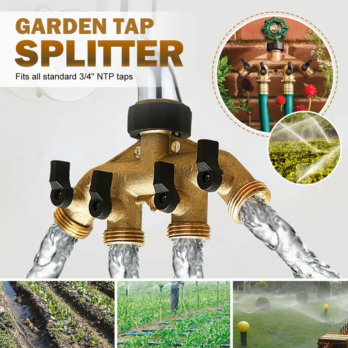 

3/4" Garden Tap Connector 4 Way Brass Splitter Hose Pipe Fitting Switcher Nozzle 16x8cm For Watering & Irrigation Hardware