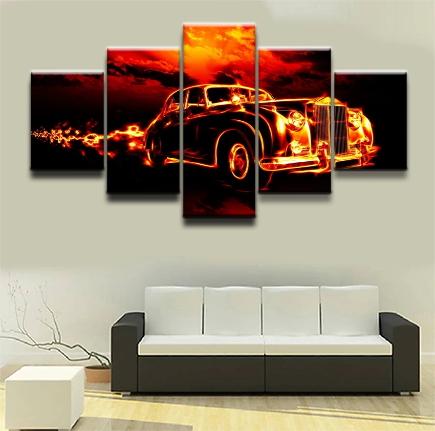 

Modern Home Decortive Wall Art Framework Artwork 5 Pieces Movie Flame Car Poster Painting Modular Picture Canvas HD Printed