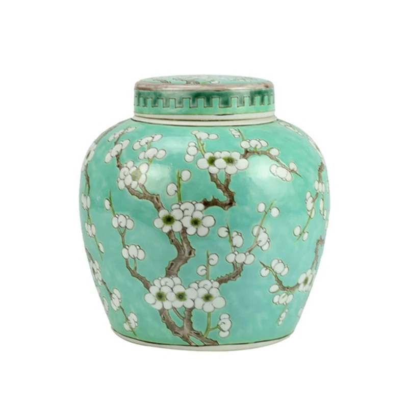 

Elegant Ceramic Jar Van Gogh Almond Flower Pattern Lime Green Ceramic Urn With Flat Lid