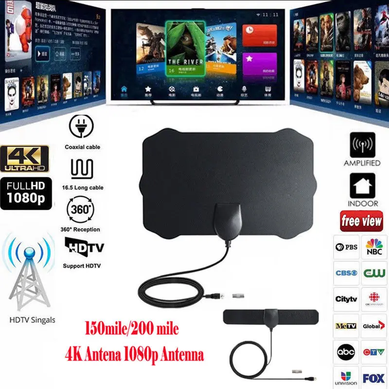 

300 Mile Range Antenna TV Digital HD Skywire 4K Antena HDTV 1080p w/ Amplifier