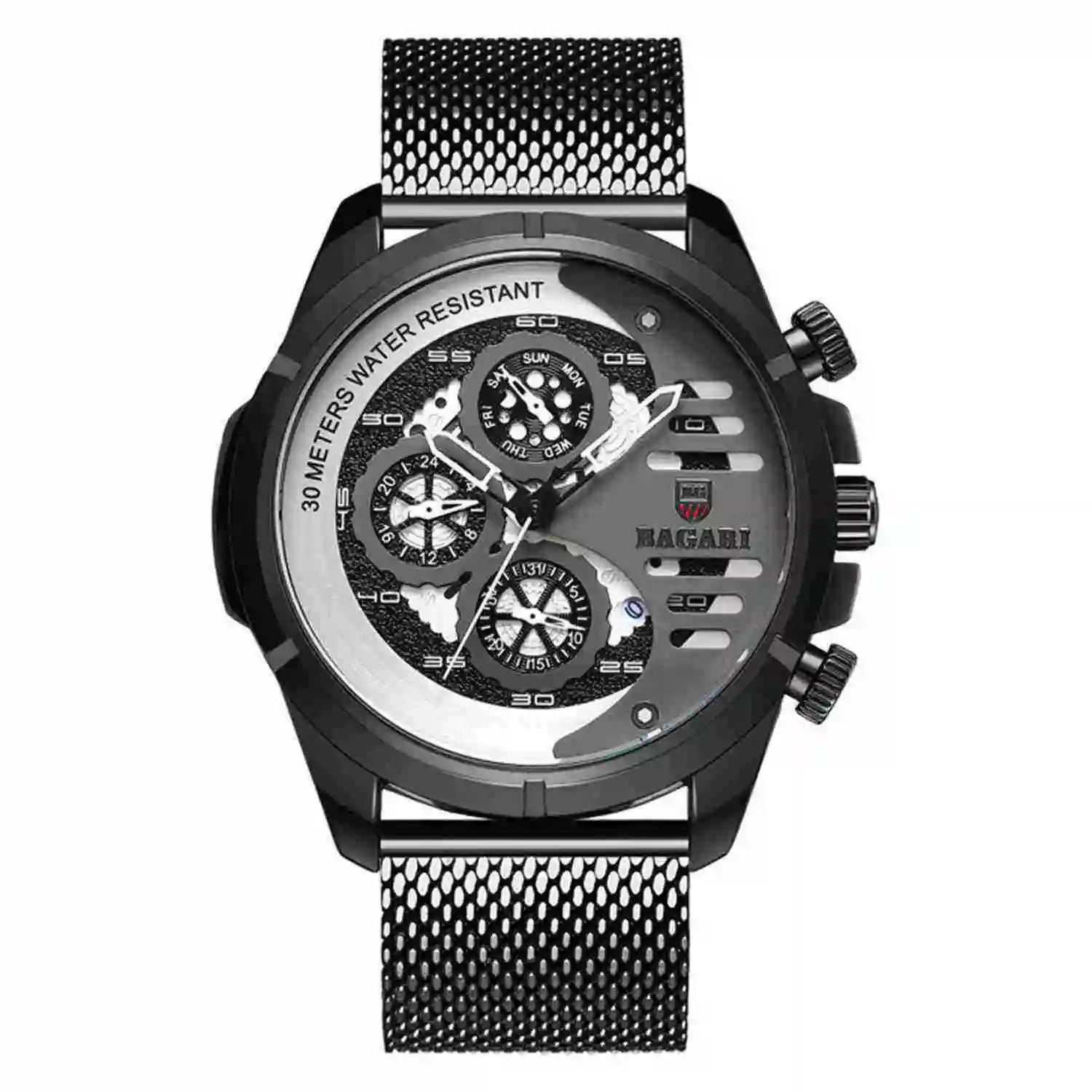 

BAGARI Men's Steel Belt Three-Eye Six-Pin Multi-Function Calendar Waterproof Quartz Business Watch, Black Gray