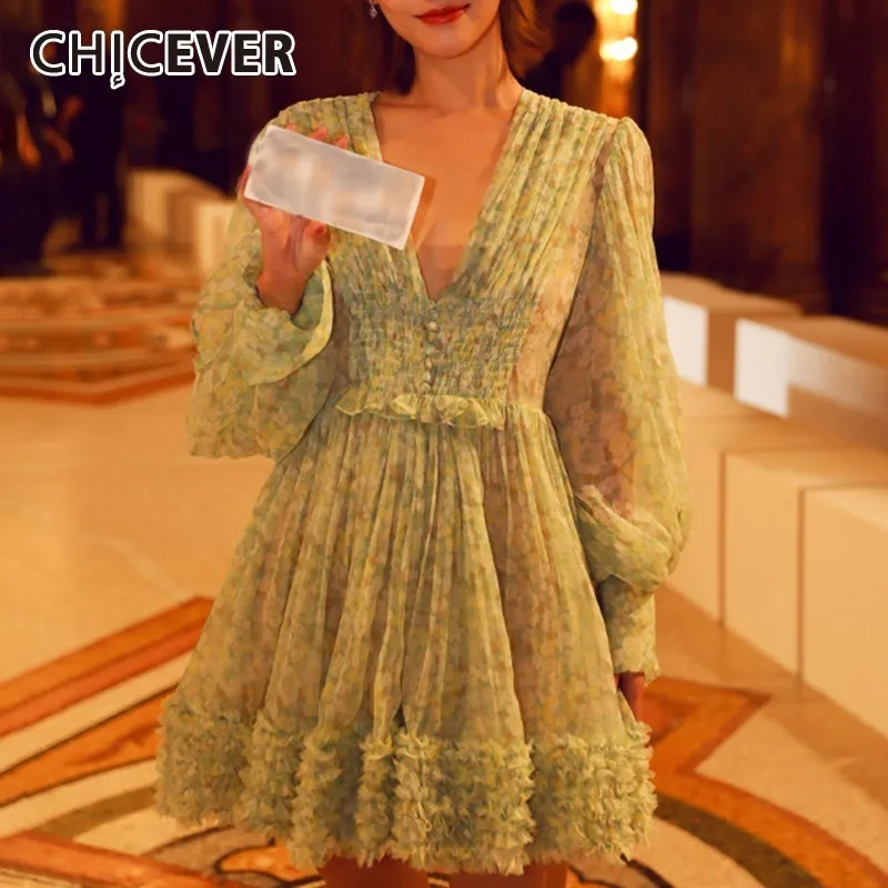 Женское Сетчатое платье CHICEVER зеленое с принтом и рукавом фонариком высокой