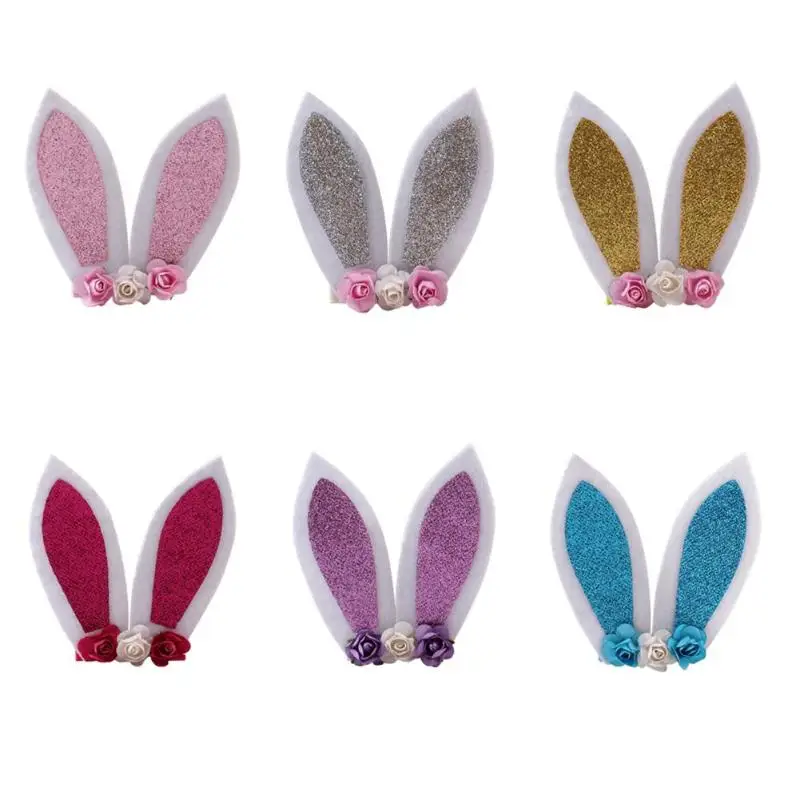 

Cute Rabbit Ears Hair Clips For Girls Glitter Rainbow Felt Fabric Flowers Hairpins Cat Ears Bunny Barrettes Kids Hair Accessorie