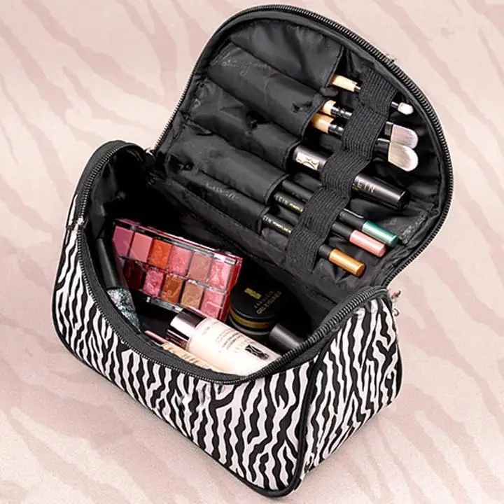 Women Fashion Lips Stripes Large Capacity Zipper Lips, Black White/Purple Black Makeup Storage Bag