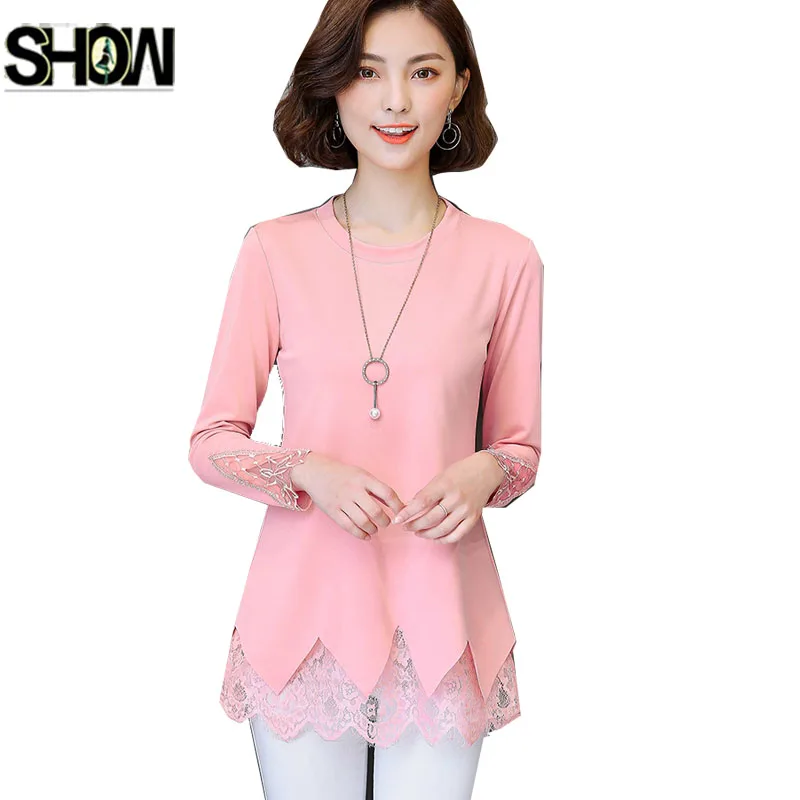 Winter Basic Shirts Blouses Hot Sales Women Fashion Long Sleeve Patchwork Hollow Out Top Pink Black Lace Tunic Blouse 3712 |