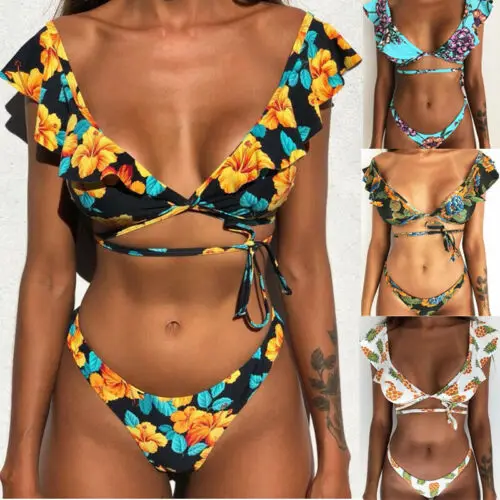 

Women Summer 2019 Ruffle Swimwear Bikini Set Floral Print Push-up Padded Bra Bather Suit Swimsuit