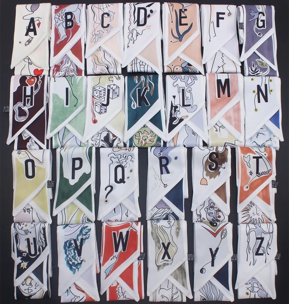 

Unique 2019 New Pattern Tarot New 26 Letters Women Silk Scarf Bag Skinny Constellation Design Print Fashion Head Brand Small Tie