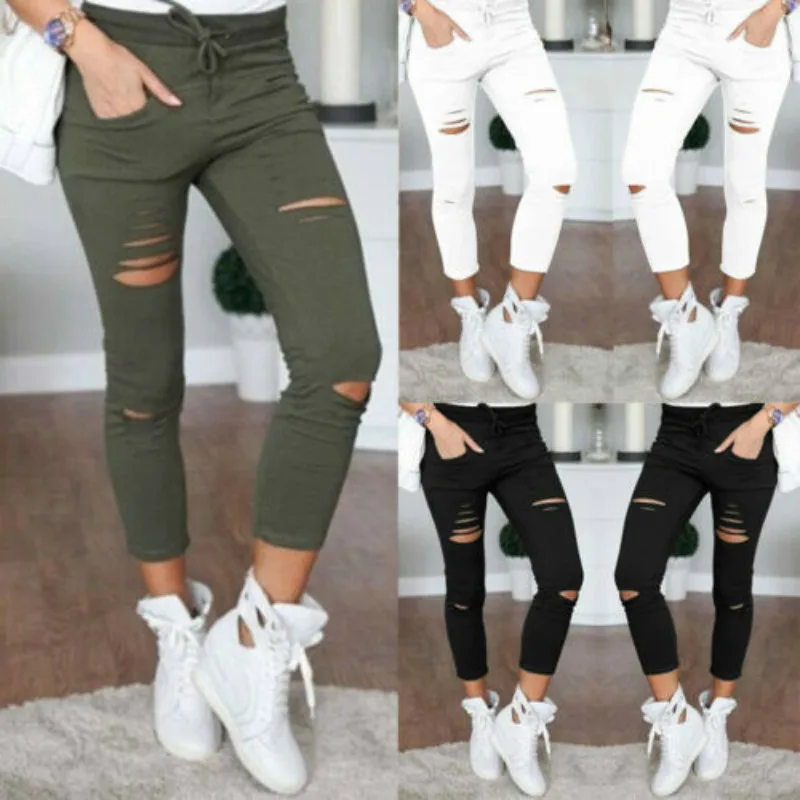 

2019 Women Army Green Leggings Hole Pencil Stretch Casual Denim Skinny Ripped Pants Fashion Lady High Waist Broken Hole Trousers