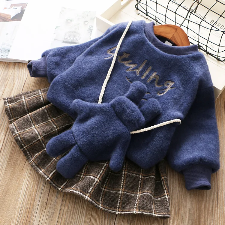 

Kids Winter 2pcs Clothes Set Children Letter Fleece Hoodie and Plaid Skirt Street Outfit Lovely Kids Clothing Girls