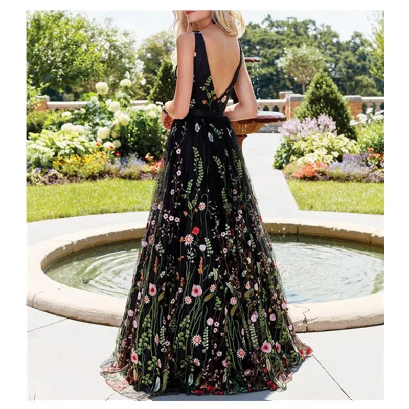 

Backless Formal Embroidery V Neck Long Dress Spring Party Flower A-Line Lace Dress Sleeveless Beach Big Swing Maxi Dress