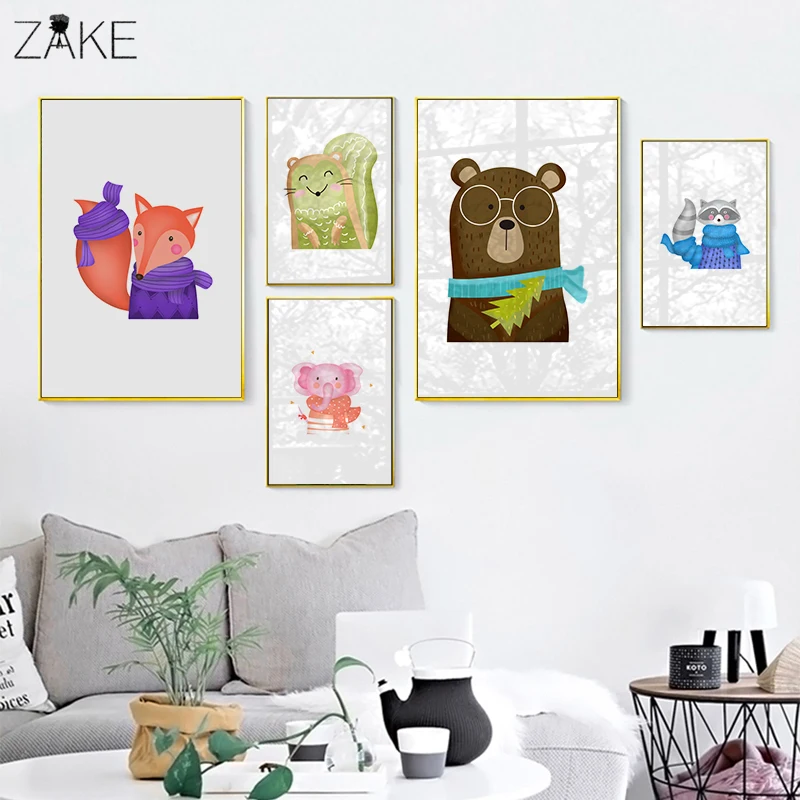 

Elephant Bear Fox Squirrel Wall Art Canvas Painting Nordic Posters And Prints Nursery Wall Pictures For Baby Girl Boy Room Decor