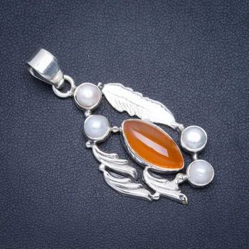 

Natural Carnelian and River Pearl Handmade Unique 925 Sterling Silver Pendant 2" A0360