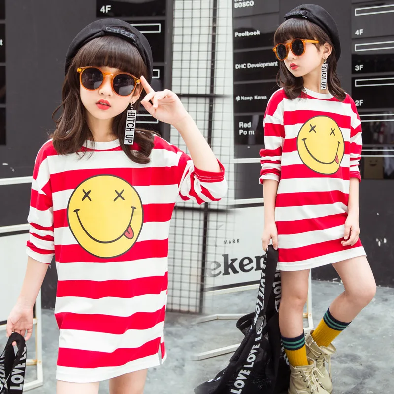 

Girls dress striped cotton 2019 spring and autumn new smile casual long sleeve bottoming shirt children's clothing