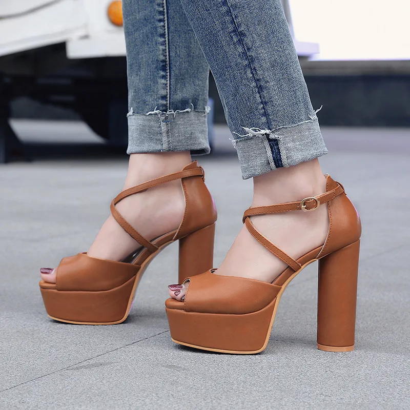 

Fashion Platform Peep toe Women Sandals in Cross Strap Cover Heel Shoes Round Heels Super High PU Leather in Solid Color