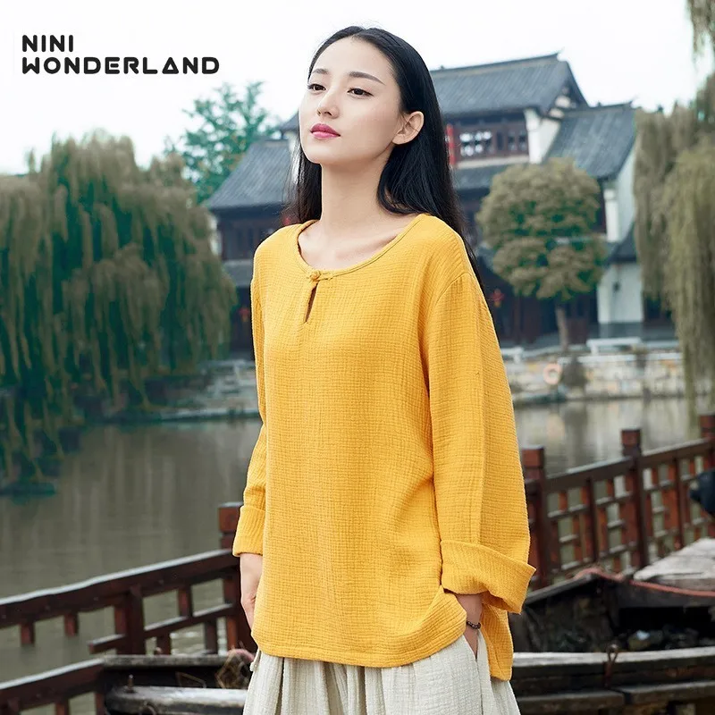 

NINI WONDERLAND Spring Autumn Cotton T Shirt Women Solid Color Mori Style Loose Tops Lady Big Size Casual T-shirts New Pattern