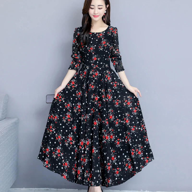 

Women Round Neck Floral Print Dress Boho Beach Casual Long/Short Sleeve Dresses