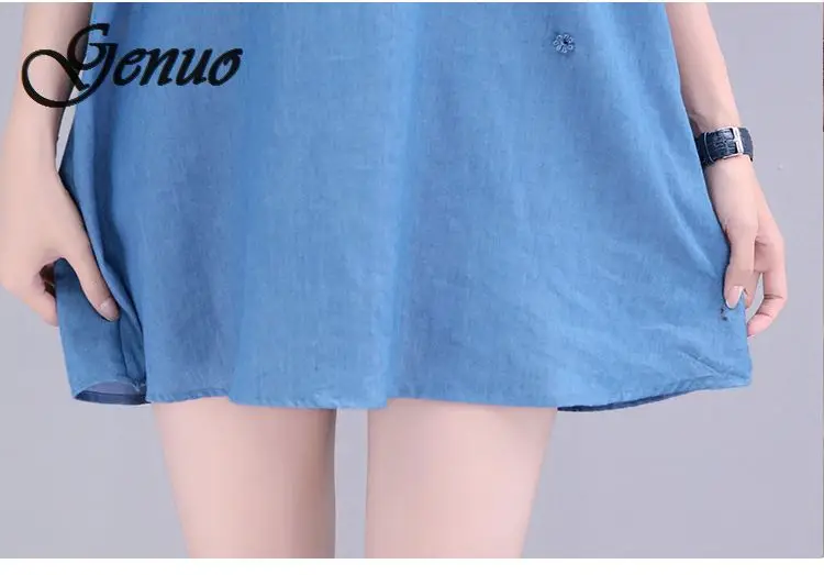 New Arrival Lace Bead Patchwork Summer Women Denim Dresses Half Sleeves Loose A Line Dresses Plus Sizes Jeans Dresses