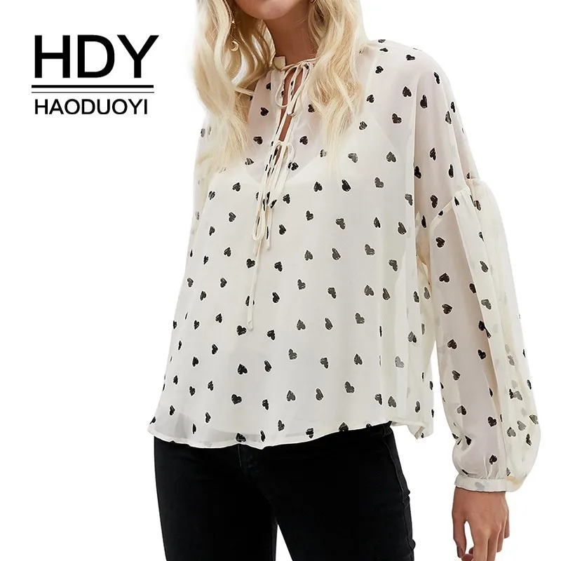 

HDY Haoduoyi Sweet Heart Printed Girls Blouse Clear Color White Simple Hollow Tie Design Neckline Femme Lantern Sleeve Tops