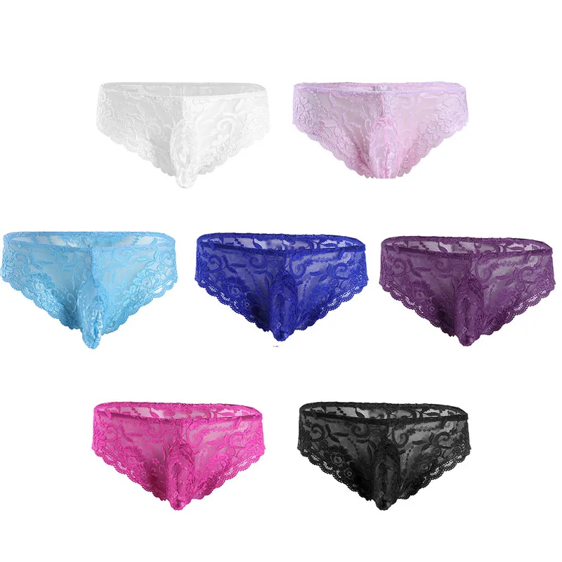 TiaoBug Men Lace Floral Transparent Thong Briefs Penis Bulge Pouch Low Rise Sissy Panties Lingerie Porno Sexy Male Gay Underwear