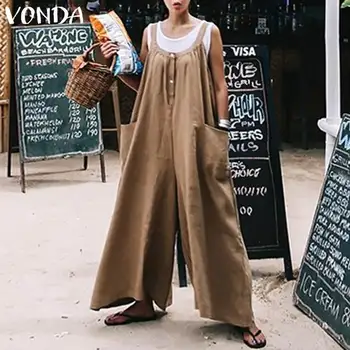 

VONDA Rompers Women Jumpsuits 2020 Summer Sexy Wide Leg Pants Casual Loose O Neck Pockets Sleeveless Playsuits Overall Plus Size