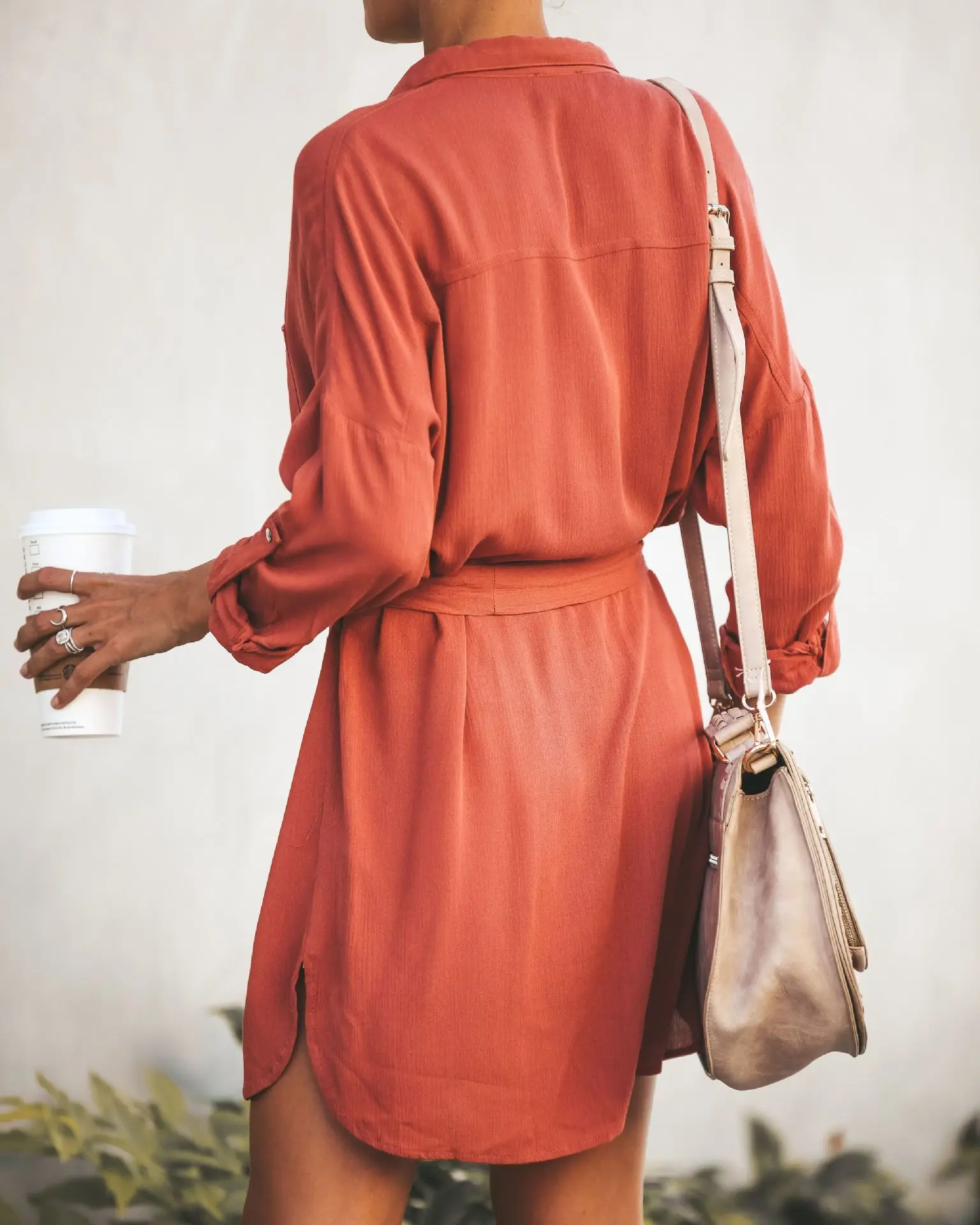 Botón para arriba vestido naranja nudo Hem camisa Vestido Mujer manga larga Oficina señoras vestidos de trabajo 2019 elegante mujeres Mini vestido
