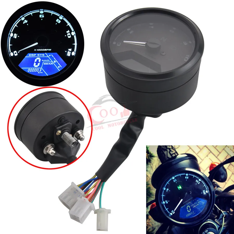 

Retro Universal Digital Motorcycle Speedometer Odometer Techometer Gauge Dual Speed LCD Screen For Cruiser Chopper 1-4 Cylinders