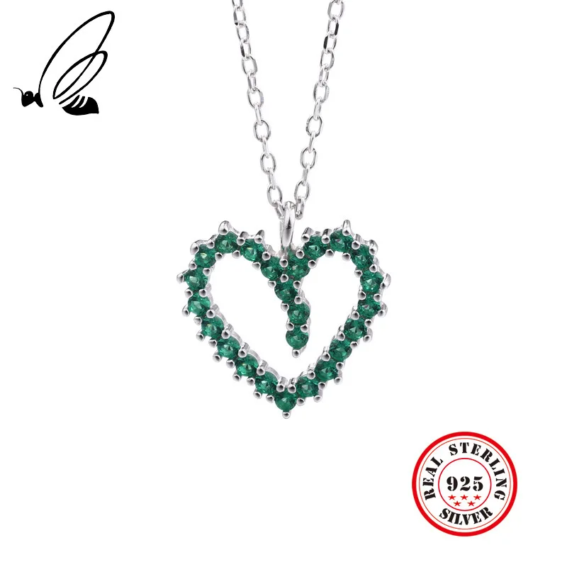 

100% S925 Sterling Silver Green Zircon Heart Pendant Neckalce Creative Chic Elegant Necklace For Women Jewelry Gift