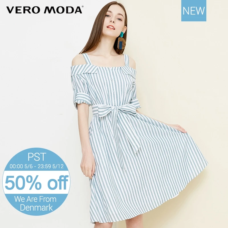 

Vero Moda Summer Off-shoulder Boat Neck Stripe Pattern Dress |31826Z510