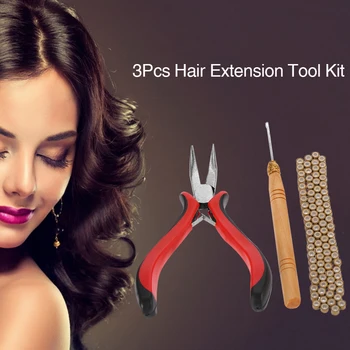 

3Pcs Hair Feather Extension Tool Kit Plier Hook Pulling Needle 100Pc 5mm Black Micro Silicone Link Rings Beads