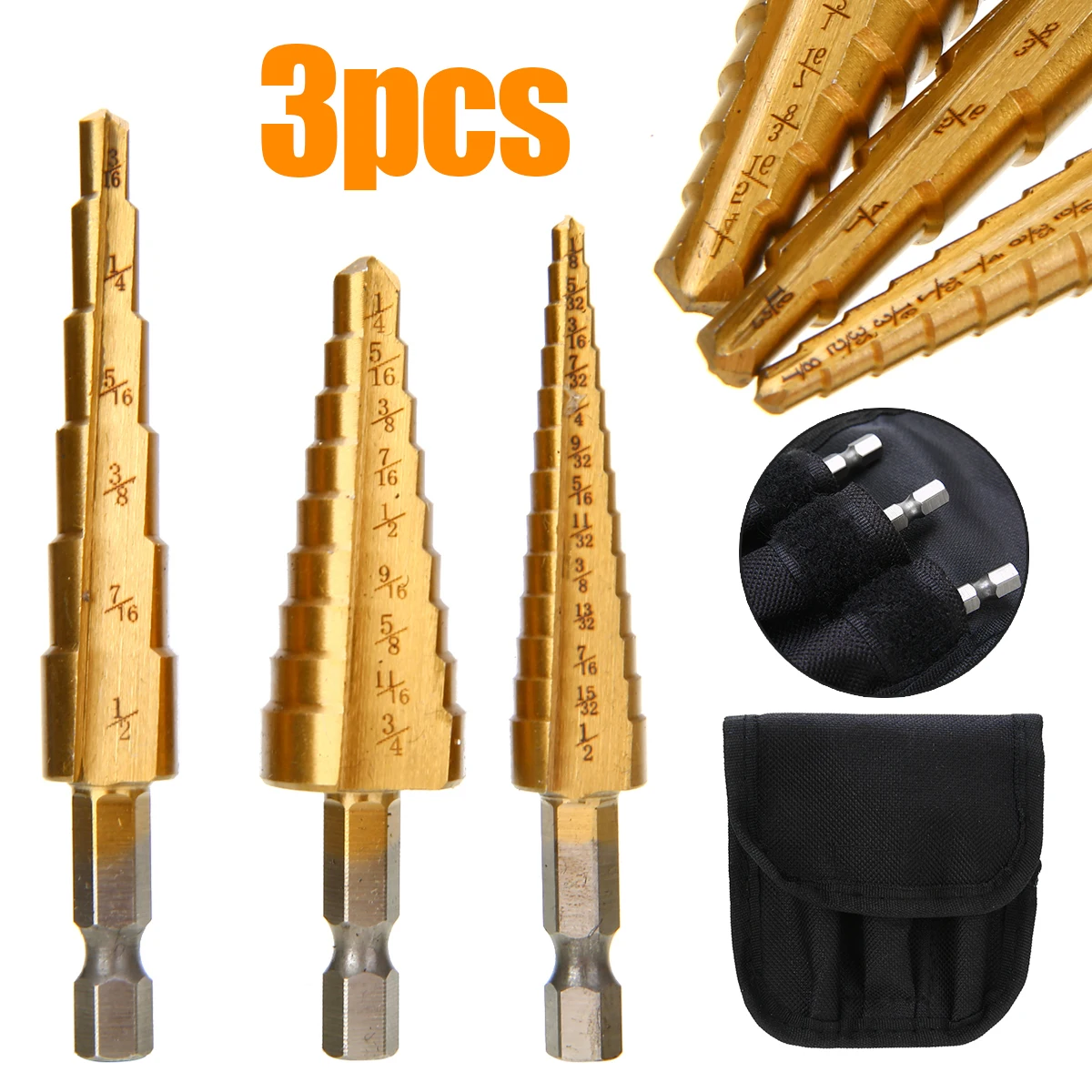 

3pcs/set Large HSS Step Spiral Grooved Center Cone Titanium Coated Metal Drill Bits Cutter Set Power Tools with Bag