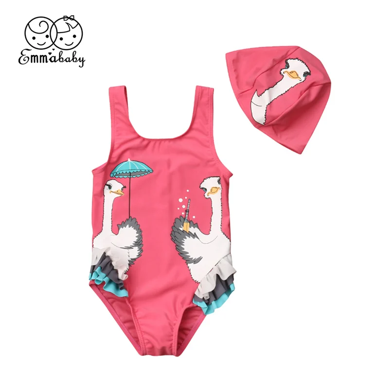 

Little Girls Cartoon Swan Printed Swimsuit Kids Sleeveless Summer Swimwear Child Bikini Swimming Hat Costumes Bathing Suit