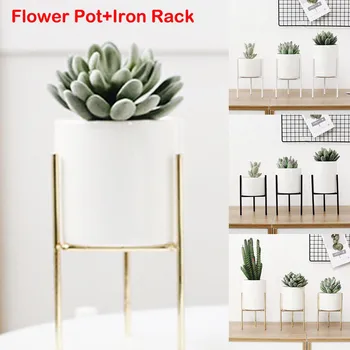 

Metal Ceramic Planter And Iron Stand Garden Flower Plant Vase Succulent Pot Rack