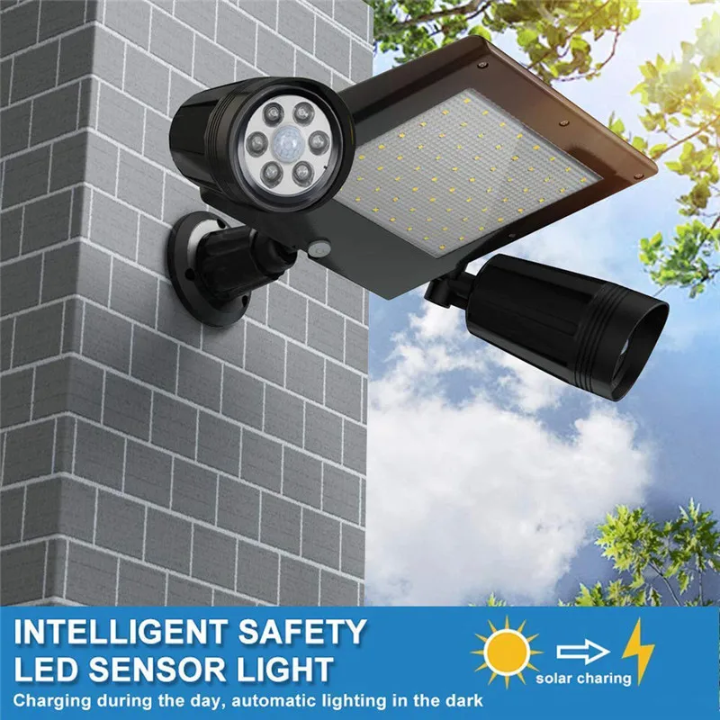 

64 LED Solar Garden Light Solar Power Dual Head Outdoors PIR Motion Sensor Security Path Wall Garage Lamps Emergency Floodlight