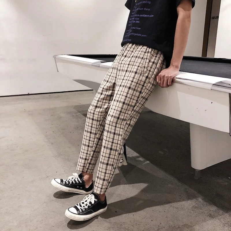 Men's Trousers 19 Spring New Youth Popular Printing Lattice Straight Nine Pants Harem Wide Leg Pants Youth Casual Men's Clothing