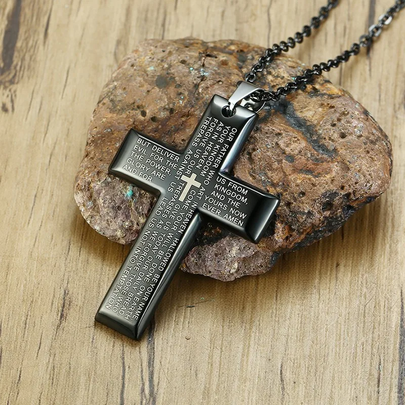 Mens Stainless Steel Father Lord's Prayer Cross Pendant Necklace Bible Matthew 6:9-13