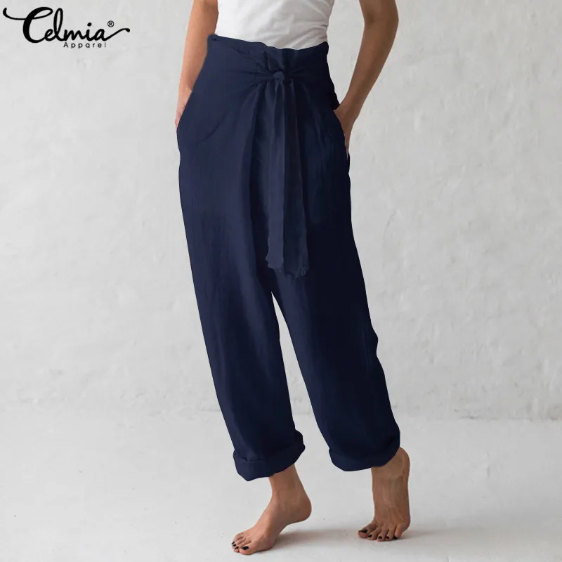 

Celmia 2019 5XL Wide Leg Pants Women Vintage Lace Up Loose Linen High Waist Long Trousers Plus Size Palazzo Pantalon Femme Pants