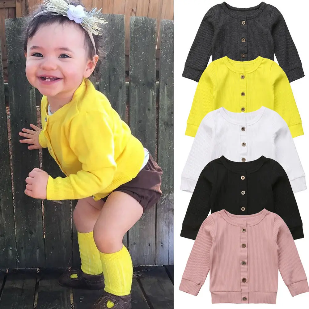 Toddler Baby Kid Girl Boy Long Sleeve Solid Color Button Cardigan Coat Outwear Children Tops Clothes 0-24M