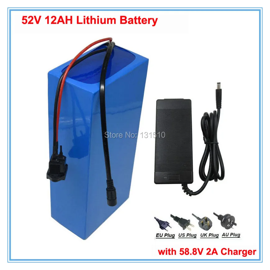 

750W 52V 12AH Electric Bike battery 51.8V 12AH Lithium battery with PVC case 15A BMS 58.8V 2A charger free shipping