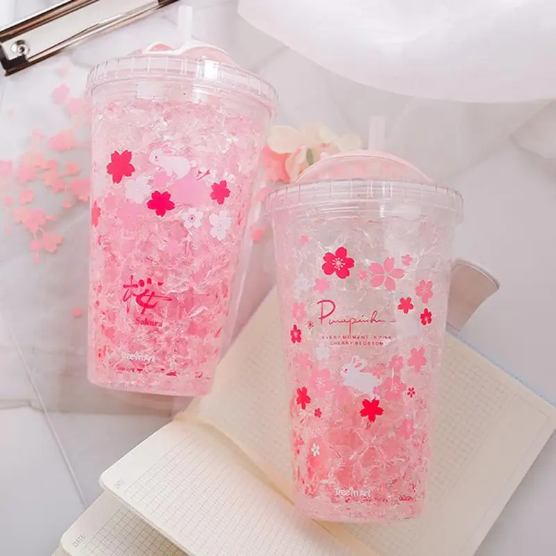 

450ML 16oz Lovely Straw Cup Cold Drink Cup Plastic Cherry Blossom Rabbit Pattern Double Layer
