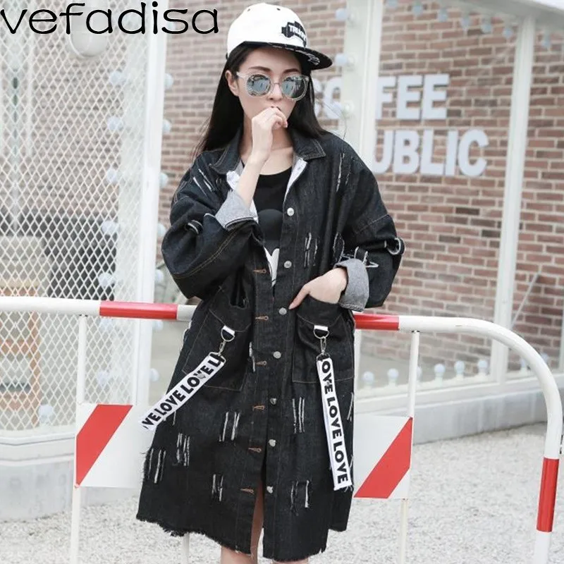 

Vefadisa Women Vintage Denim Trench Coat Letter Strap Cowboy Trench Spring Black Blue Gray Long Thin Coat Full Sleeves ZLD318