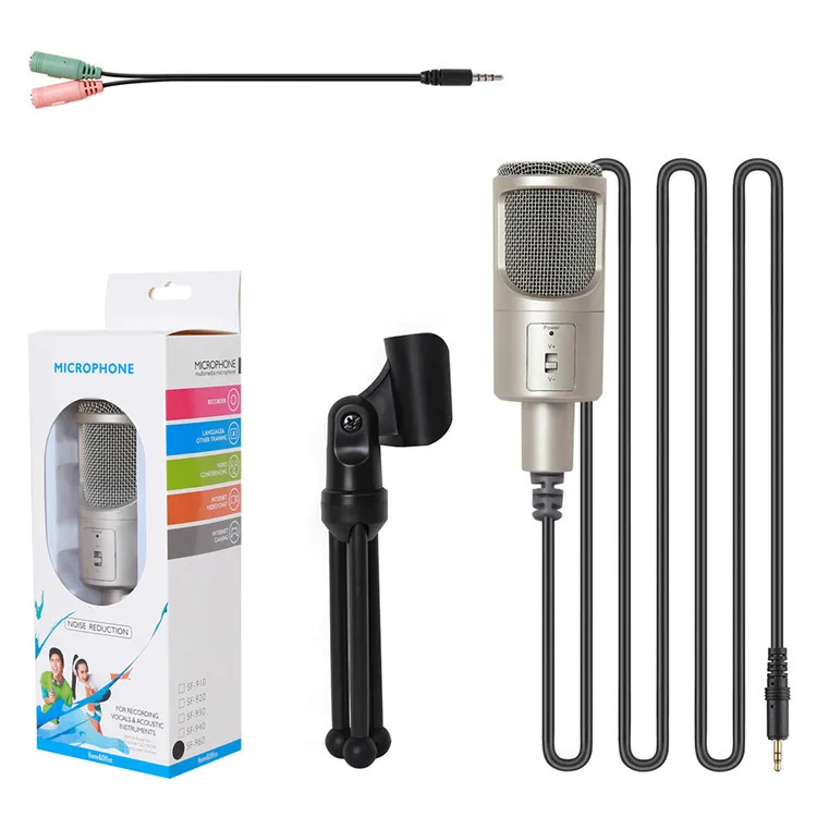 

SF-960 3.5mm Wired Capacitor studio record Microphone with Bracket Game Chat Song USB sound card selection Computer Microphone