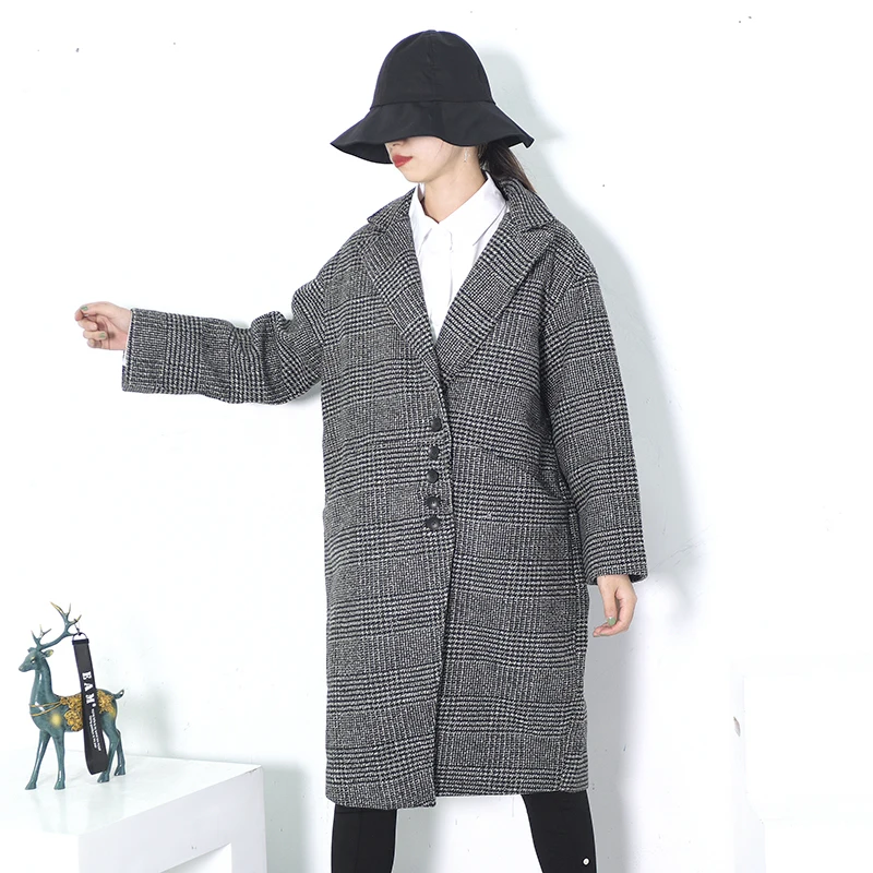 Revers Manches Nouveau 2019 Lâche Poitrine Unique Printemps Chaud Plaid Grand Manteau Pardessus Mode Longues Hiver Wollen eam Femmes De Gray Noir Sxfwnx