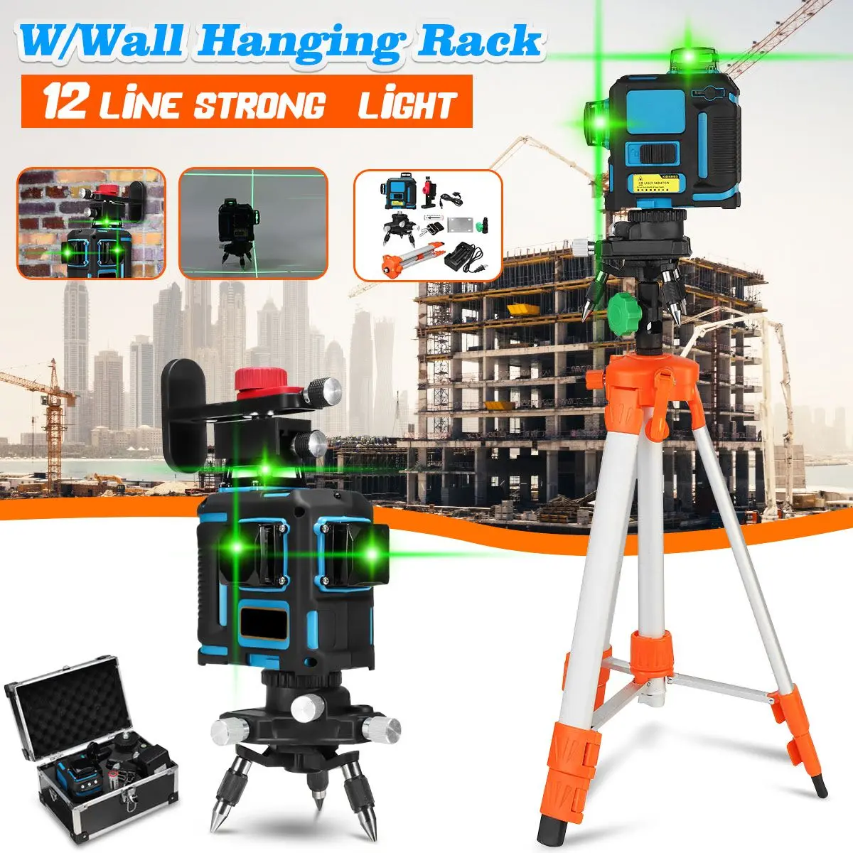 

12 Line 3D Wall Mounting Laser Level Green Light Automatic Self Leveling 360 Vertical Horizontal Cross Powerful Outdoor w/Tripod